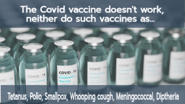 an anti anti-covid meme showing an array of vaccine bottles. theecaption states: 'The covid vaccine doesn't work, neither do such vaccines as: tetanus, polio, smallpox, meningococcal, diphtheria'