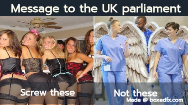 Funny nurse meme featuring prostitutes and nurses, with the caption'Message to the UK parliament: screw prostitutes not nurses'