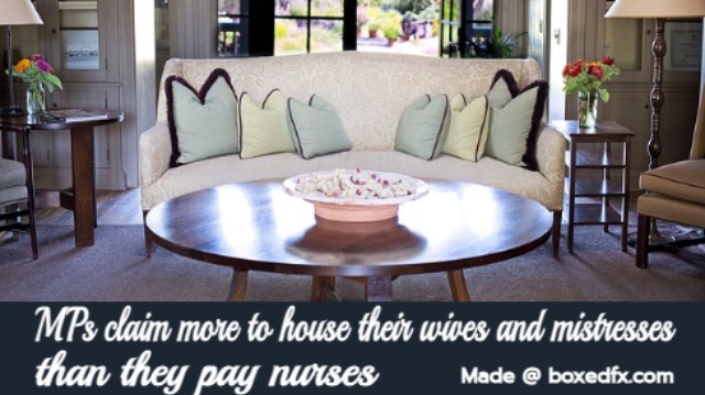 Funny nurse meme featuring a luxurious apartment and with the caption'Mmebers of paliament claim more to house their wives and mistresses than they pay nurses'