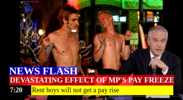 Funny UK political meme in the form of a newsflash, with the caption: 'Devastating effect of MPs pay freeze. Rent boys will not get a pay rise'
