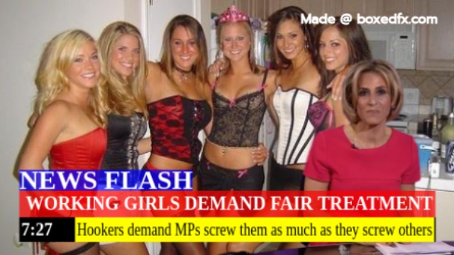 Funny UK political meme in the form of a newsflash, with the caption: 'Working girls demand fair treatment. Hookers demand members of parliament screw them as much as they screw others'