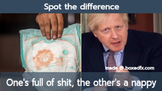 Boris Johnson meme featuring Boris, adiaper, and the caption 'Spot the difference. One is full of shit, the other is a diaper'