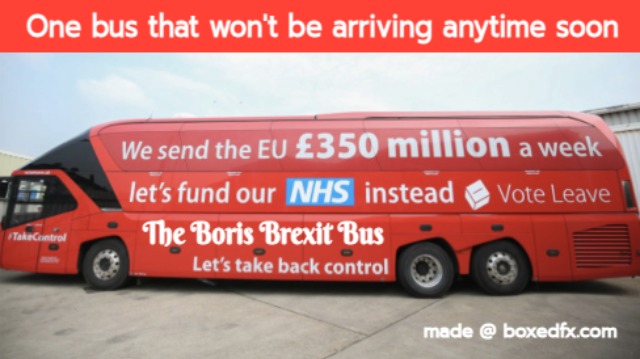 Boris Johnson meme featuring the Brexit bus that promised 350 million pounds sterling to the NHS, and the caption 'One bus that won't be arriving anytime soon'