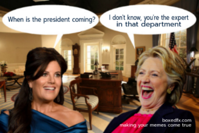 Hilary Clinton and Monica Lewinski in the oval office. Monica asks 'What time will the president come?' and Hilary replies 'I don't know, you're the expert in that department