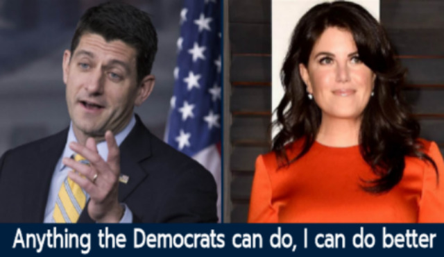 Split scene of Paul Ryan and Monica Lewinski Ryan is quoted as saying 'Anything the Democrats can do, I can do better'