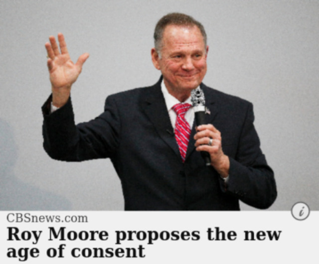 Roy Moore holding up five fingers to announce the new age of consent